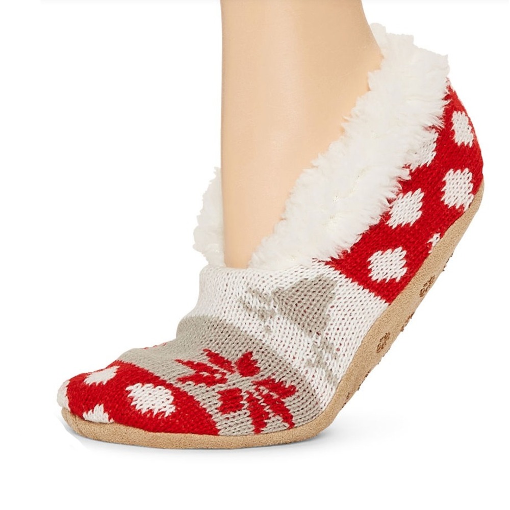Mixit Womens Slipper Socks Red Reindeer Gray White Knit Faux Leather L/XL 8 9